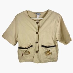 FineLine Vintage Tan Fish Pocket Embroidered Button Shirt Size M Cottagecore USA